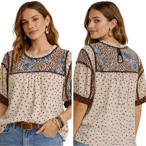 THML Mixed Print Blouse M Polka Dot Floral Puff Sleeve Boho Top
